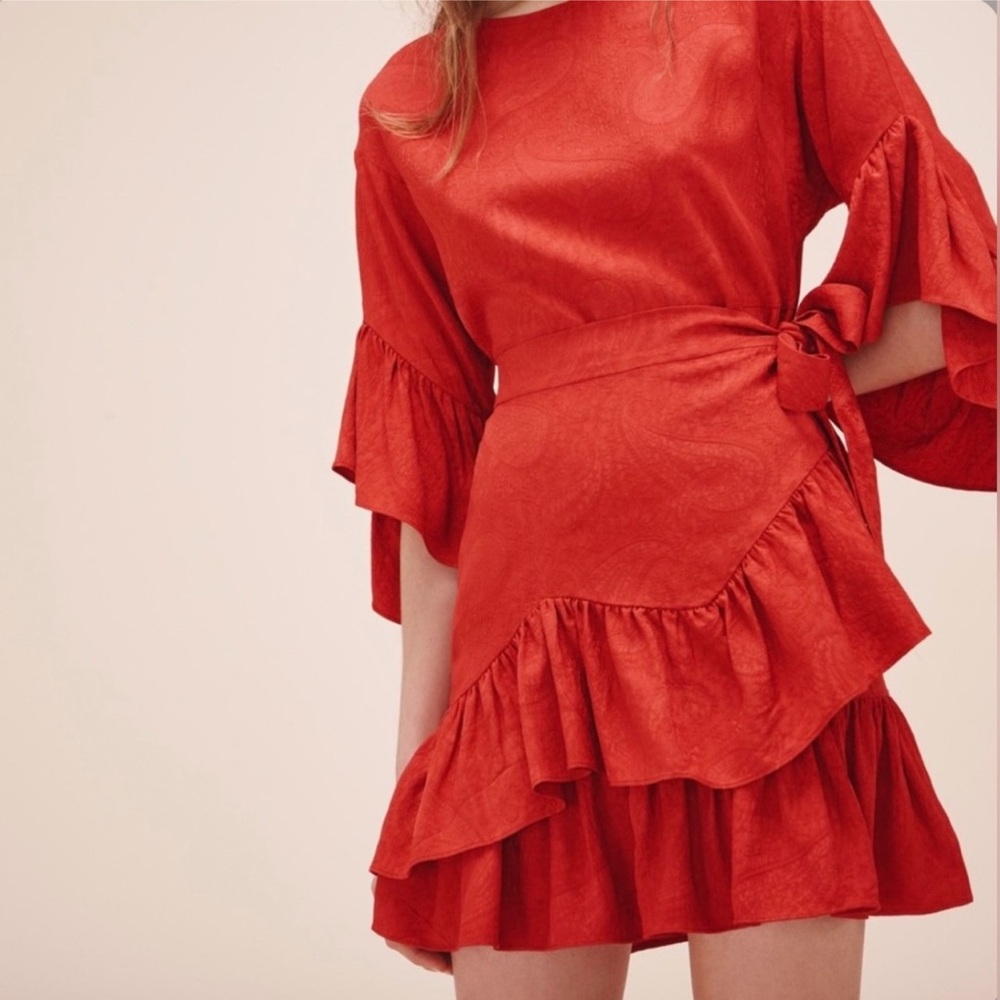 French Designer Maje Elegant Red Jacquard Ruffle Dress size L (size 3 is US 8)